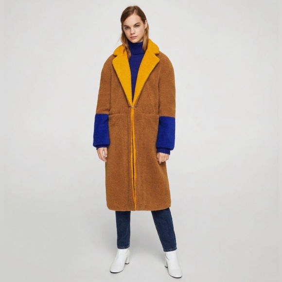 Mango Jackets & Blazers - Mango color block faux fur teddy coat mng camel brown blue yellow shearling long